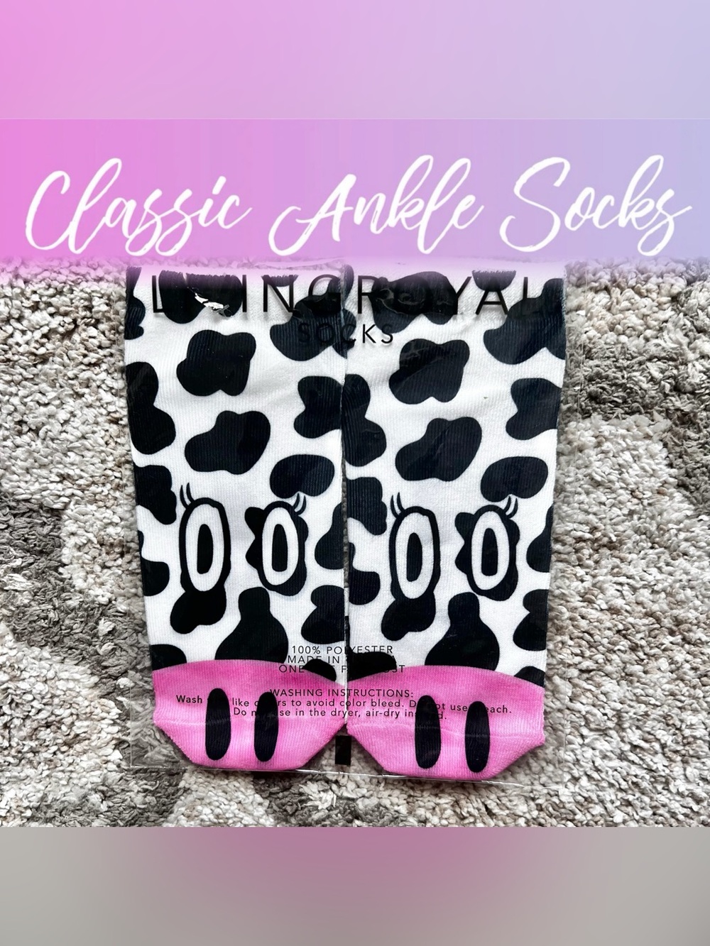 Living Royal Cow Print Cartoon Socks Rare Discontinued Novelty Ankle Socks